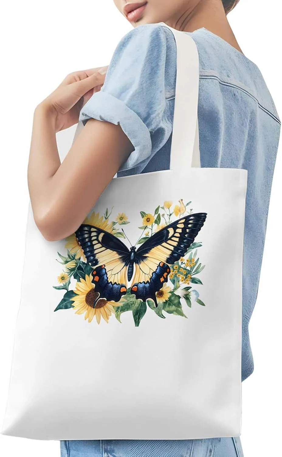 Canvas Tote Bag, Aesthetic Botanical Sunflower Butterfly Aesthetic Canvas Tote Handbags for Women Shoulder Bag