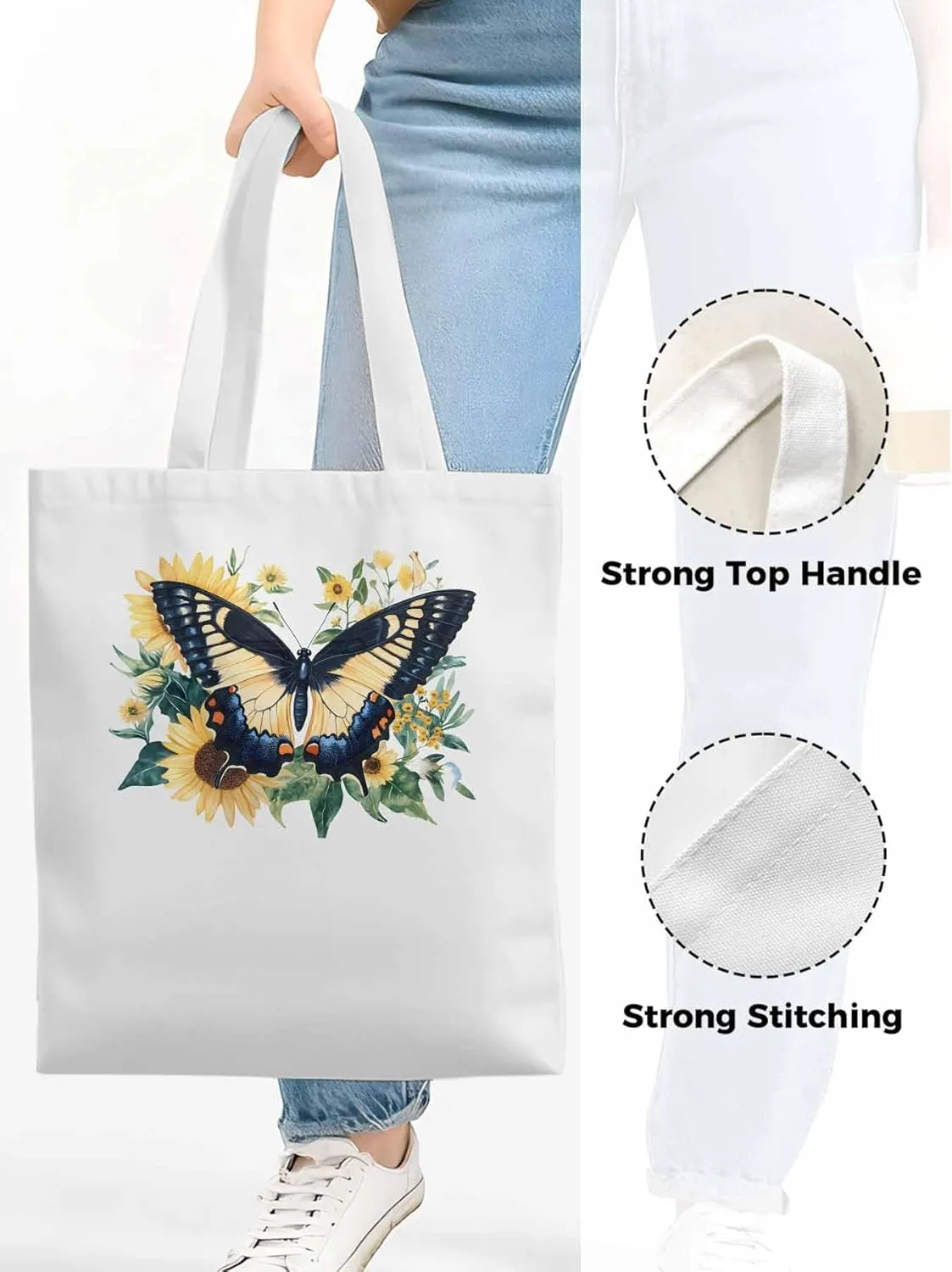 Canvas Tote Bag, Aesthetic Botanical Sunflower Butterfly Aesthetic Canvas Tote Handbags for Women Shoulder Bag