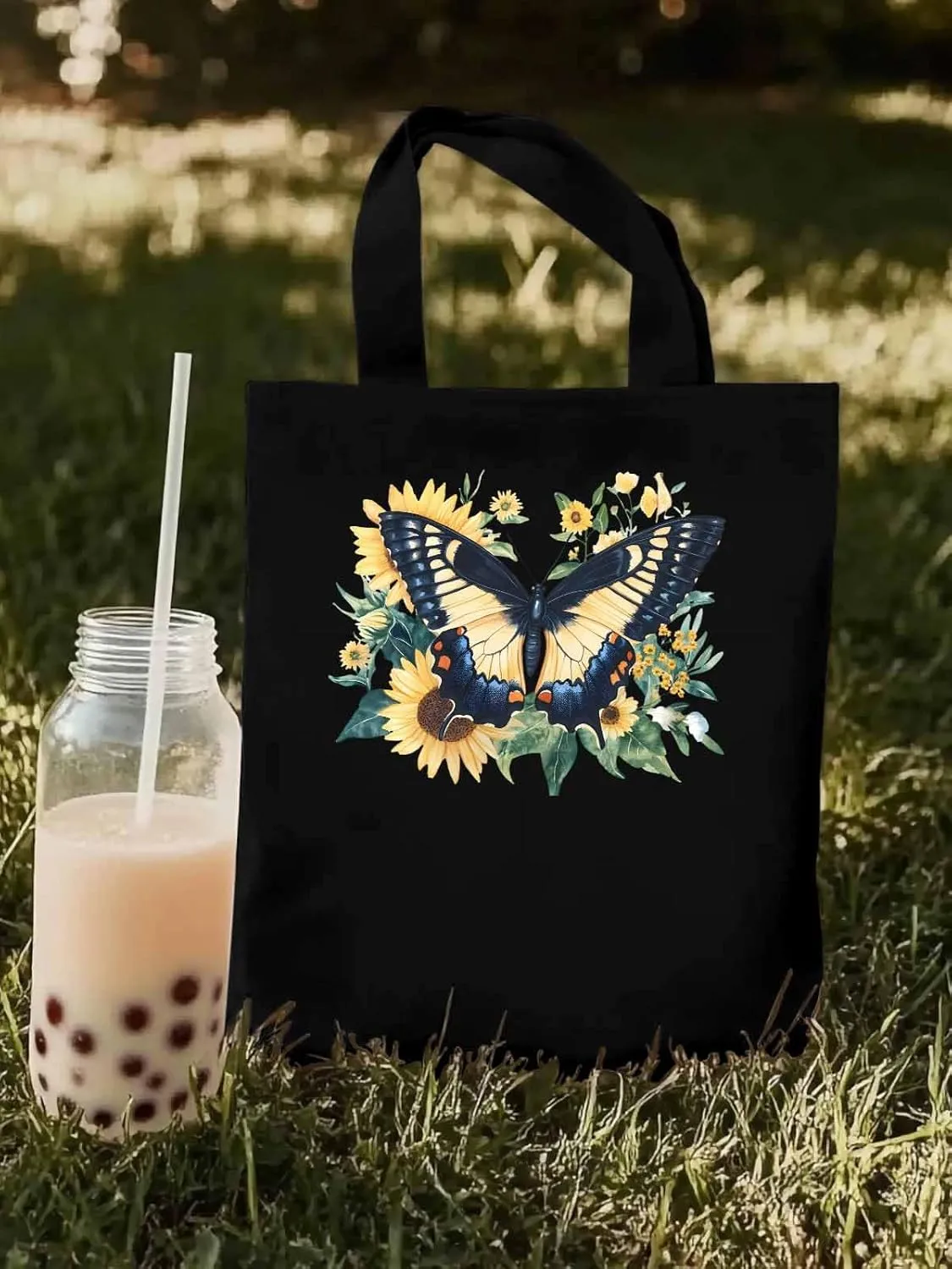 Canvas Tote Bag, Aesthetic Botanical Sunflower Butterfly Aesthetic Canvas Tote Handbags for Women Shoulder Bag