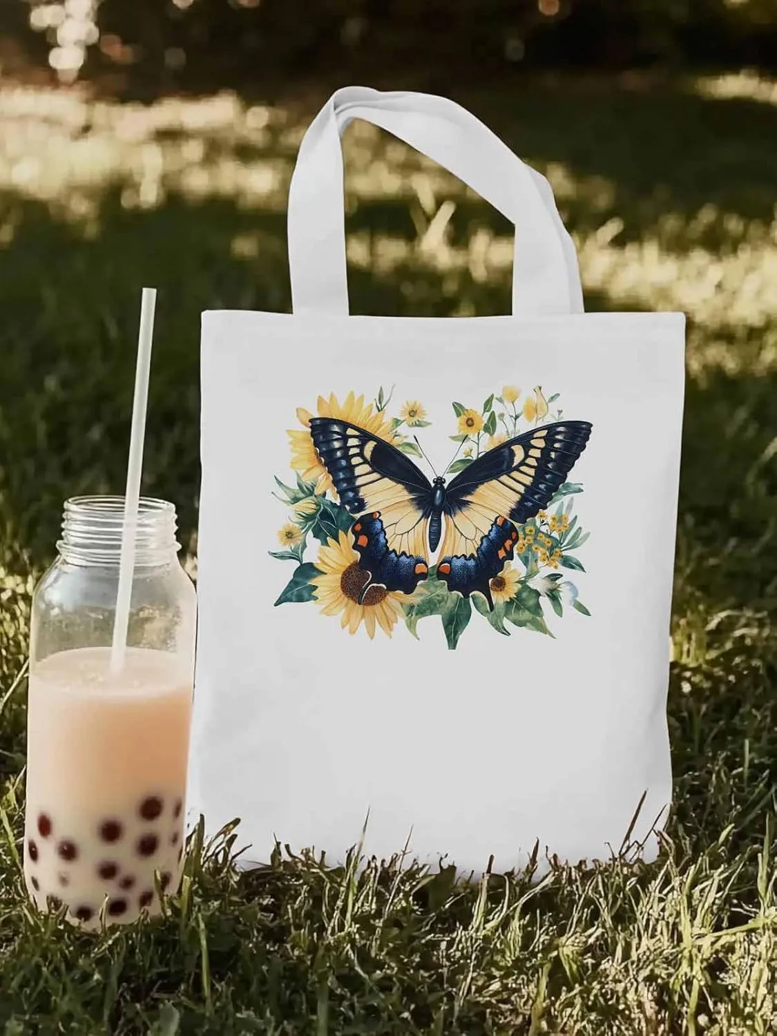 Canvas Tote Bag, Aesthetic Botanical Sunflower Butterfly Aesthetic Canvas Tote Handbags for Women Shoulder Bag