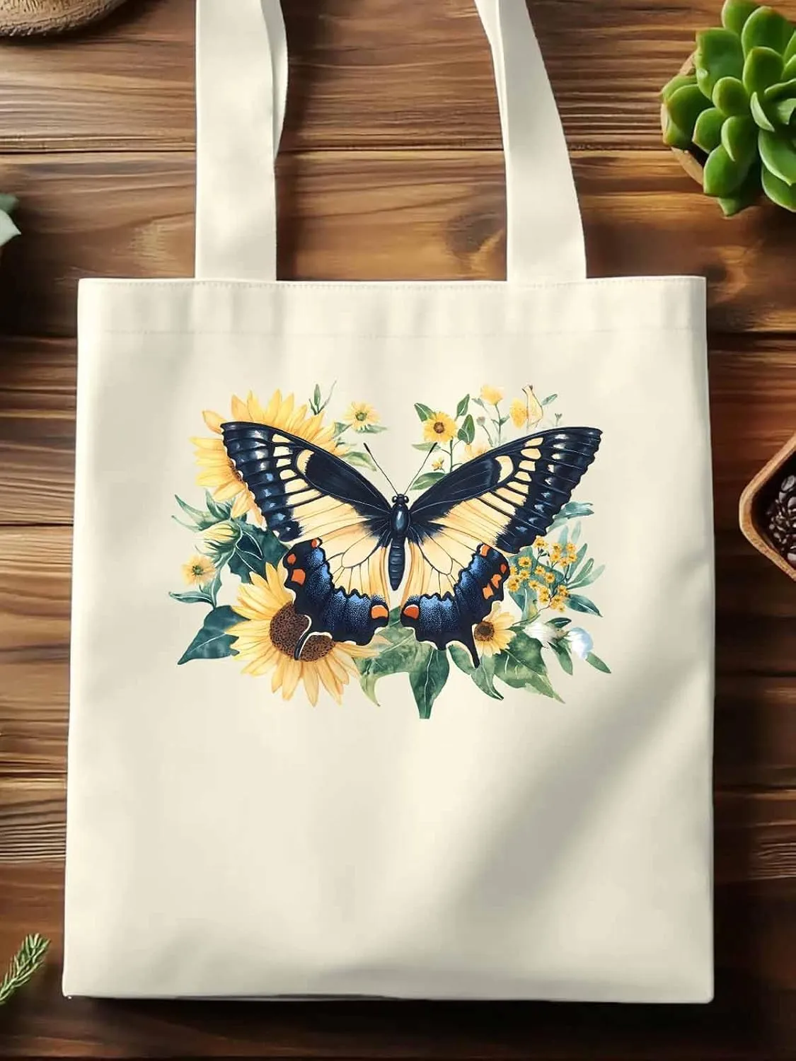 Canvas Tote Bag, Aesthetic Botanical Sunflower Butterfly Aesthetic Canvas Tote Handbags for Women Shoulder Bag