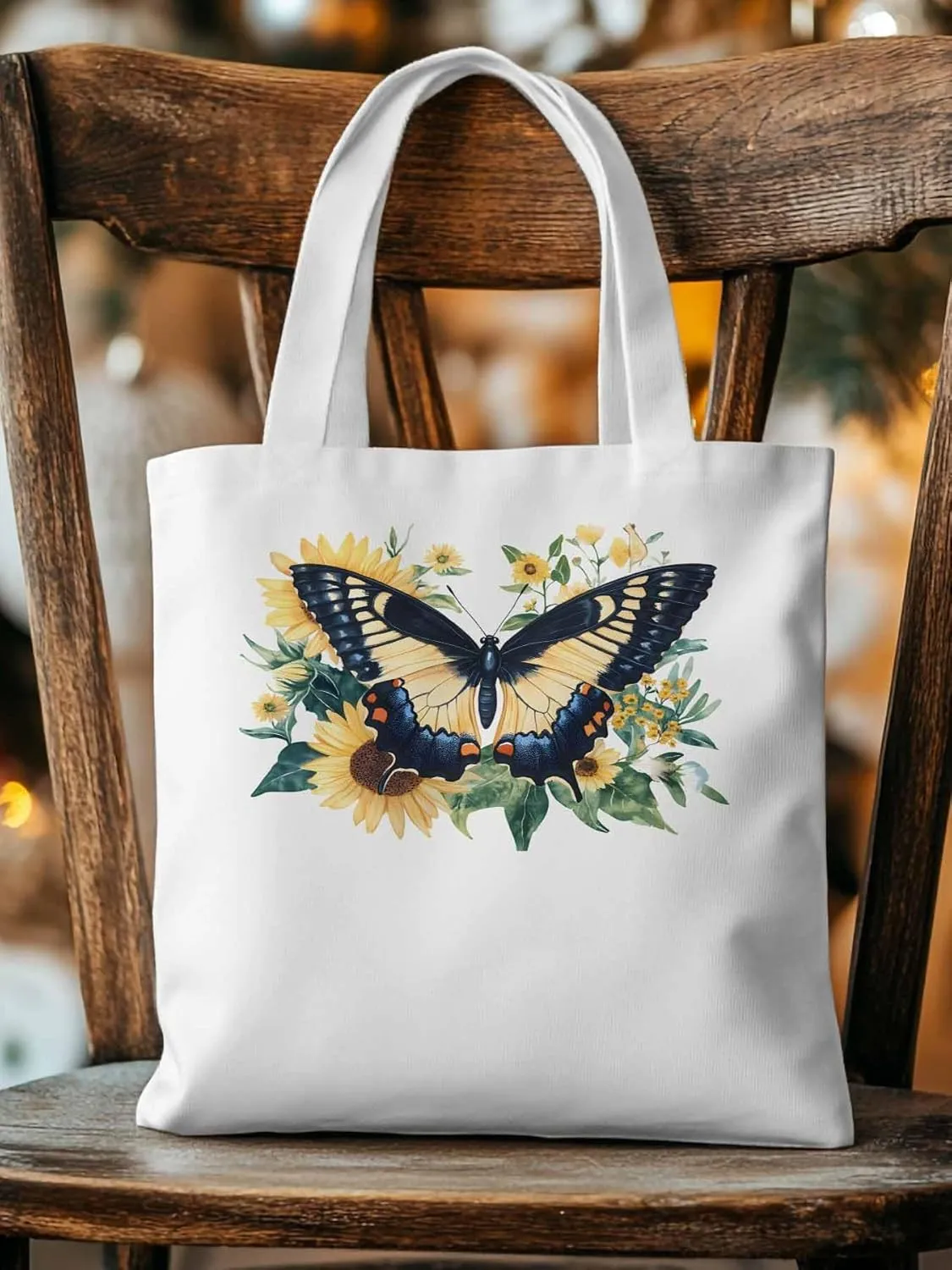 Canvas Tote Bag, Aesthetic Botanical Sunflower Butterfly Aesthetic Canvas Tote Handbags for Women Shoulder Bag