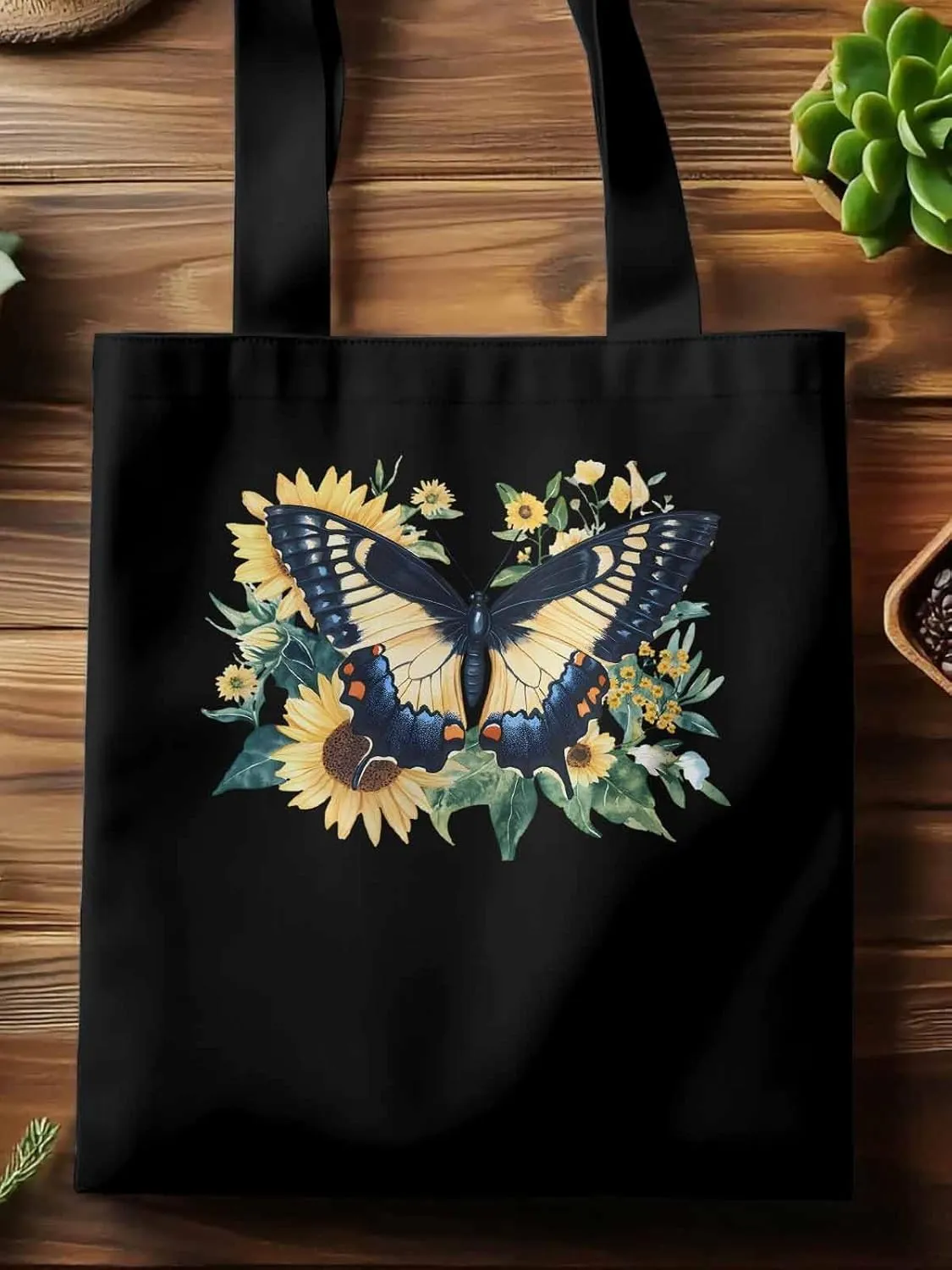 Canvas Tote Bag, Aesthetic Botanical Sunflower Butterfly Aesthetic Canvas Tote Handbags for Women Shoulder Bag