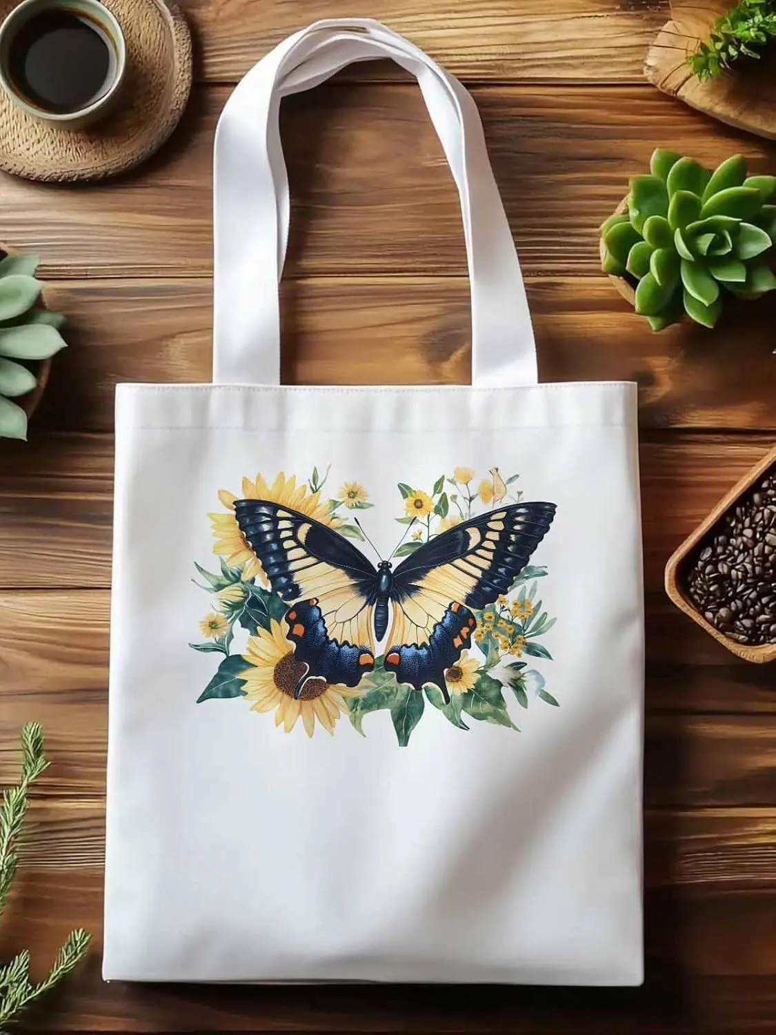 Canvas Tote Bag, Aesthetic Botanical Sunflower Butterfly Aesthetic Canvas Tote Handbags for Women Shoulder Bag