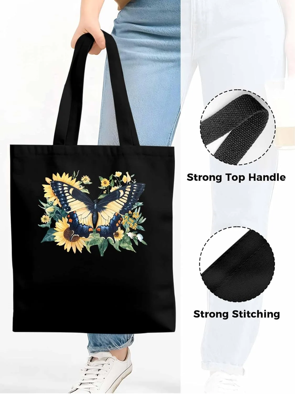 Canvas Tote Bag, Aesthetic Botanical Sunflower Butterfly Aesthetic Canvas Tote Handbags for Women Shoulder Bag