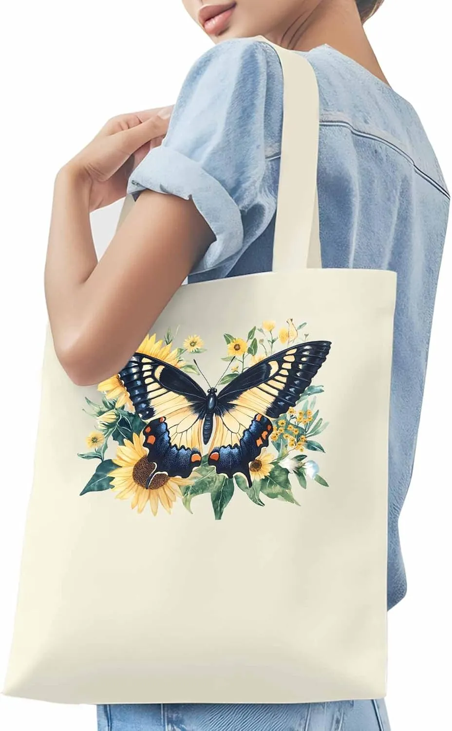 Canvas Tote Bag, Aesthetic Botanical Sunflower Butterfly Aesthetic Canvas Tote Handbags for Women Shoulder Bag