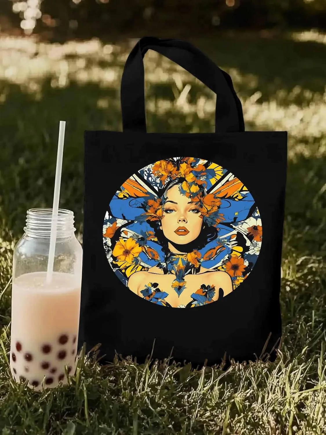 Canvas Tote Bag, Aesthetic Flowers Girl Botanical Floral Aesthetic Canvas Tote Handbags for Women Shoulder Bag