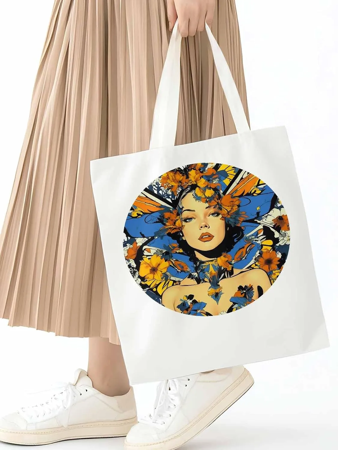 Canvas Tote Bag, Aesthetic Flowers Girl Botanical Floral Aesthetic Canvas Tote Handbags for Women Shoulder Bag