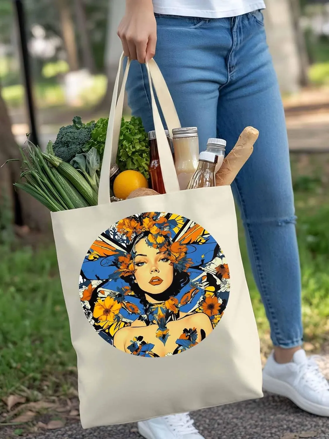 Canvas Tote Bag, Aesthetic Flowers Girl Botanical Floral Aesthetic Canvas Tote Handbags for Women Shoulder Bag