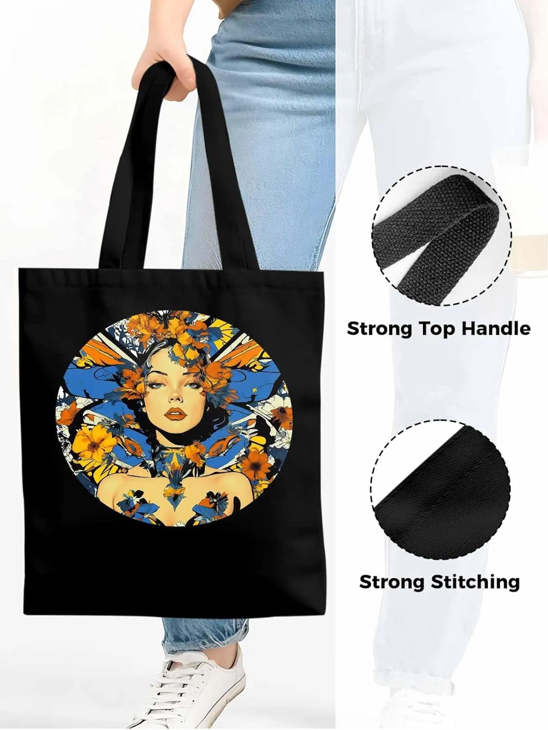 Canvas Tote Bag, Aesthetic Flowers Girl Botanical Floral Aesthetic Canvas Tote Handbags for Women Shoulder Bag