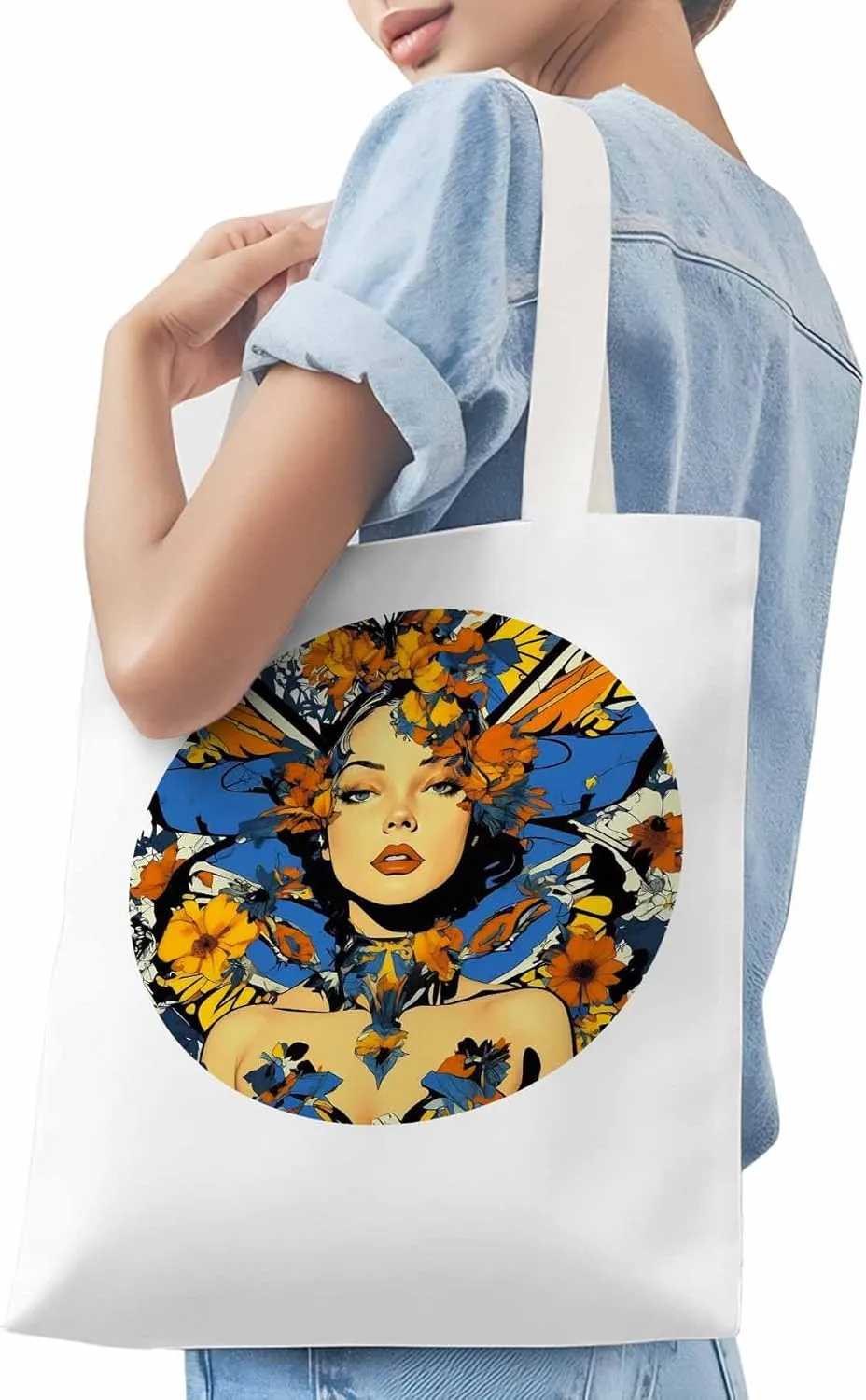Canvas Tote Bag, Aesthetic Flowers Girl Botanical Floral Aesthetic Canvas Tote Handbags for Women Shoulder Bag