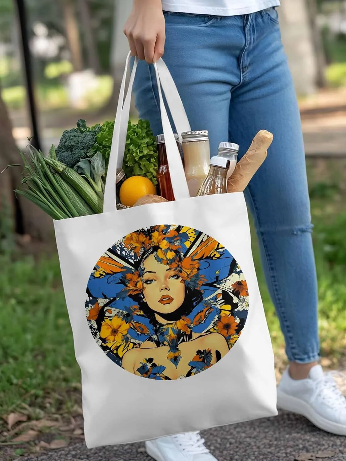 Canvas Tote Bag, Aesthetic Flowers Girl Botanical Floral Aesthetic Canvas Tote Handbags for Women Shoulder Bag
