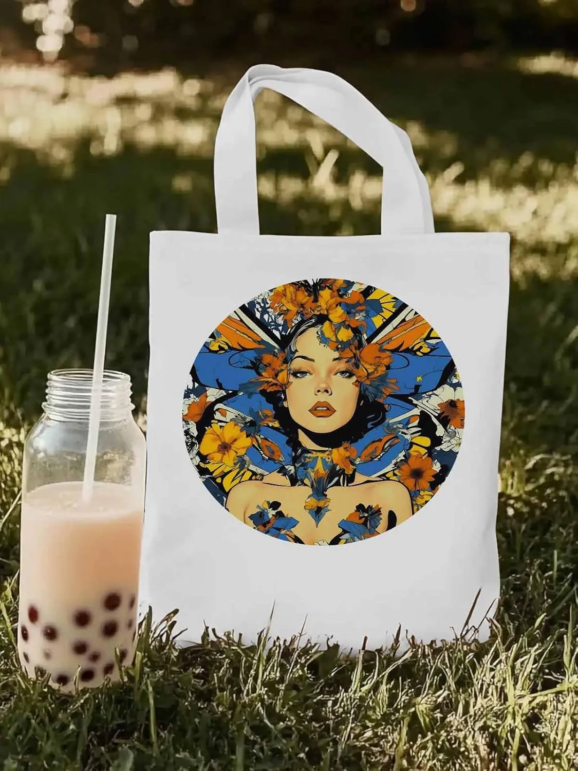 Canvas Tote Bag, Aesthetic Flowers Girl Botanical Floral Aesthetic Canvas Tote Handbags for Women Shoulder Bag