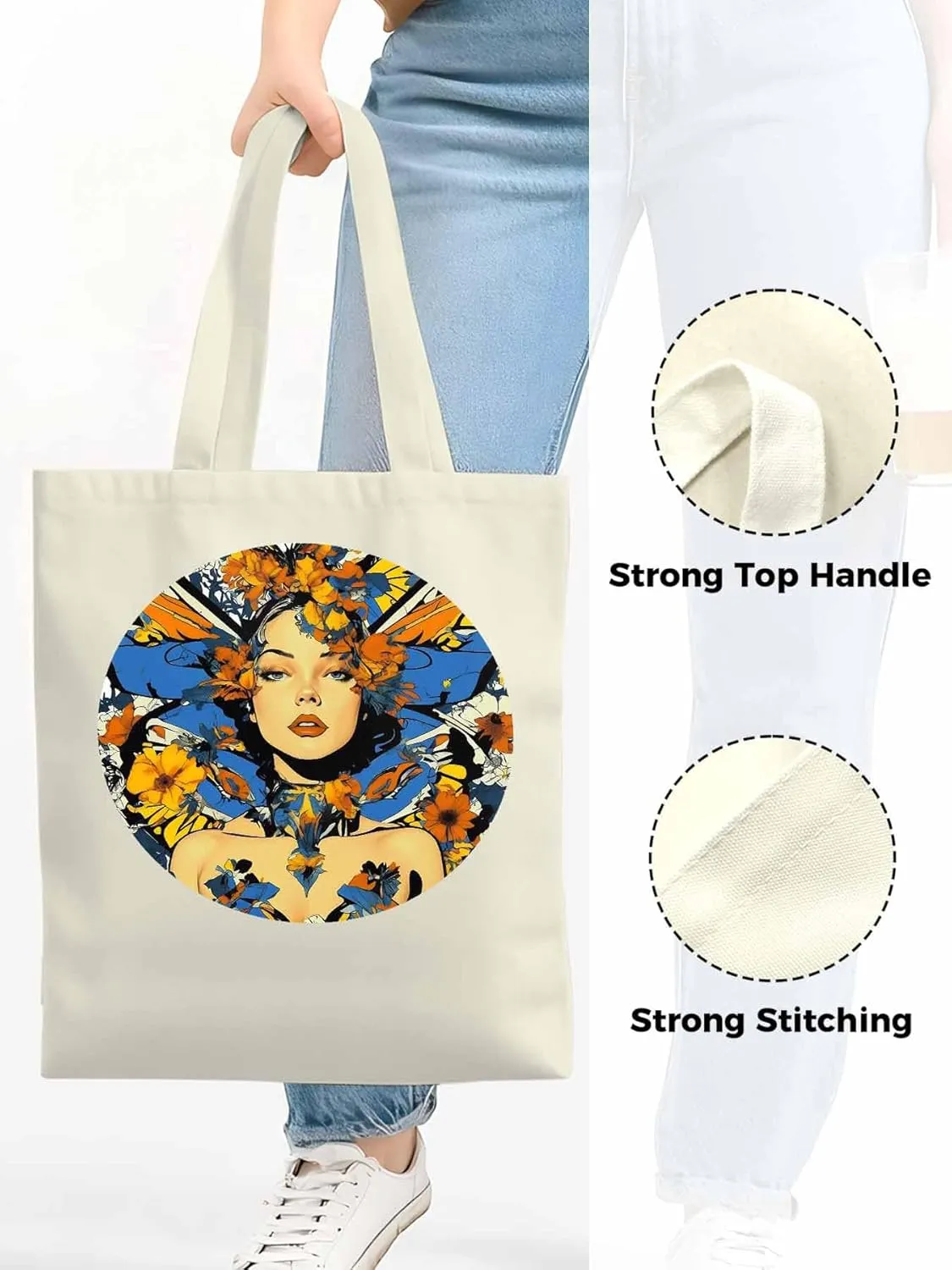 Canvas Tote Bag, Aesthetic Flowers Girl Botanical Floral Aesthetic Canvas Tote Handbags for Women Shoulder Bag