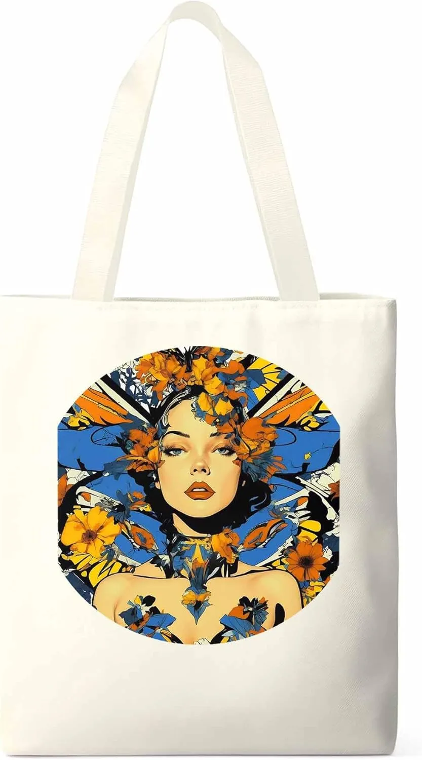 Canvas Tote Bag, Aesthetic Flowers Girl Botanical Floral Aesthetic Canvas Tote Handbags for Women Shoulder Bag