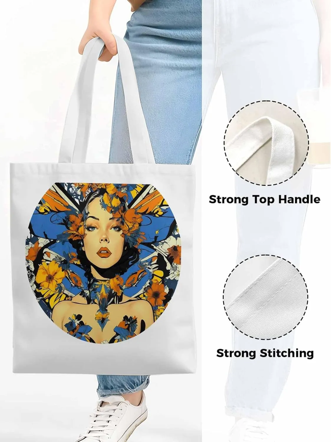 Canvas Tote Bag, Aesthetic Flowers Girl Botanical Floral Aesthetic Canvas Tote Handbags for Women Shoulder Bag