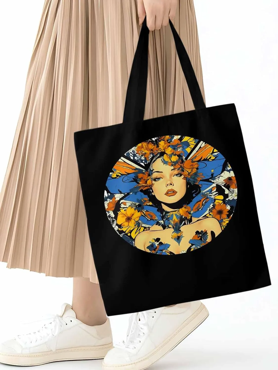 Canvas Tote Bag, Aesthetic Flowers Girl Botanical Floral Aesthetic Canvas Tote Handbags for Women Shoulder Bag
