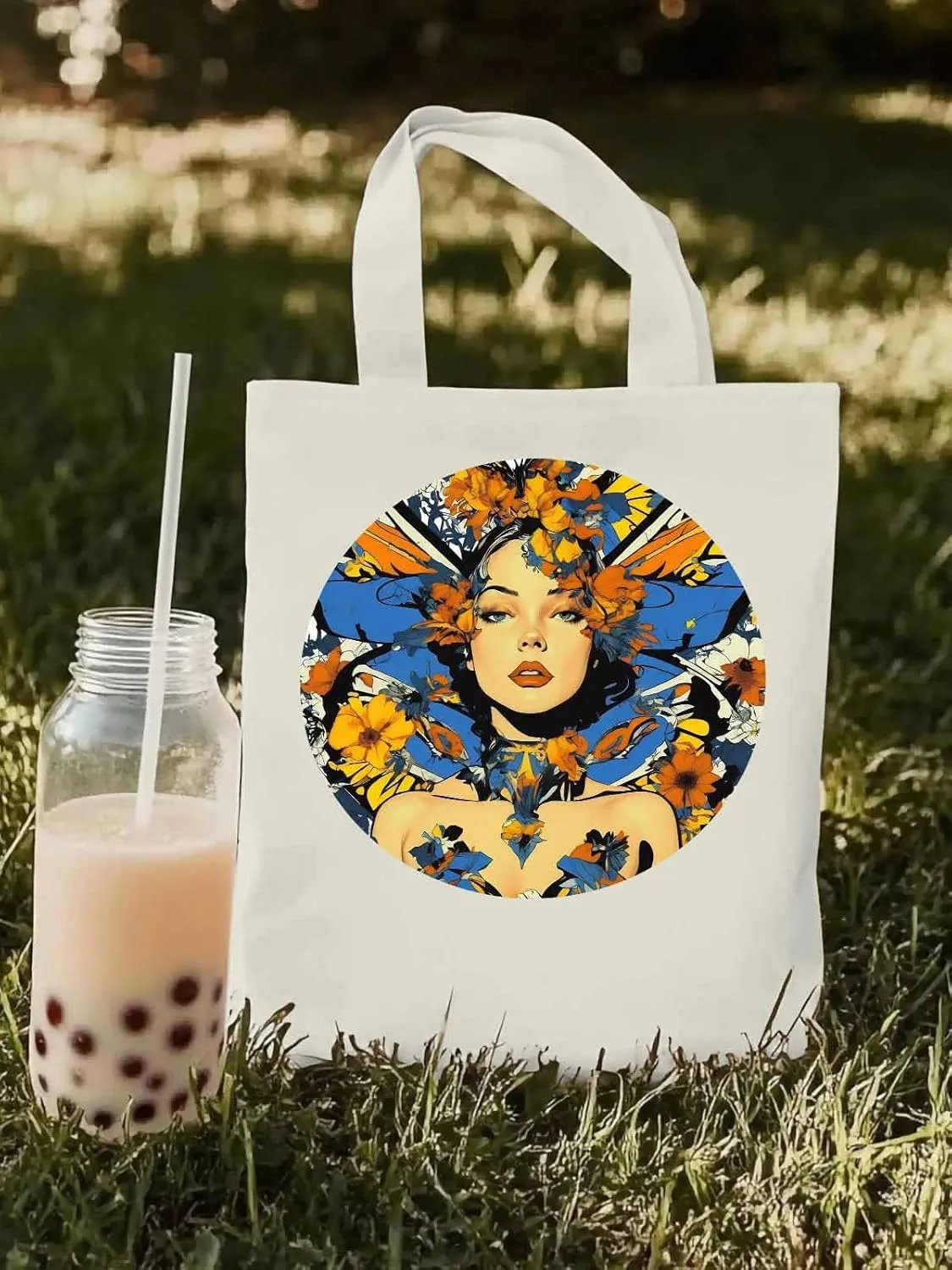 Canvas Tote Bag, Aesthetic Flowers Girl Botanical Floral Aesthetic Canvas Tote Handbags for Women Shoulder Bag