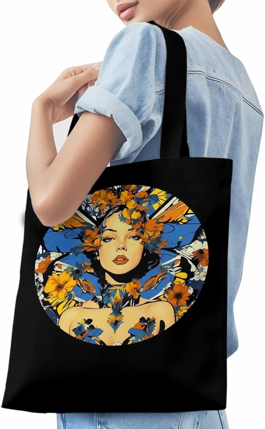 Canvas Tote Bag, Aesthetic Flowers Girl Botanical Floral Aesthetic Canvas Tote Handbags for Women Shoulder Bag