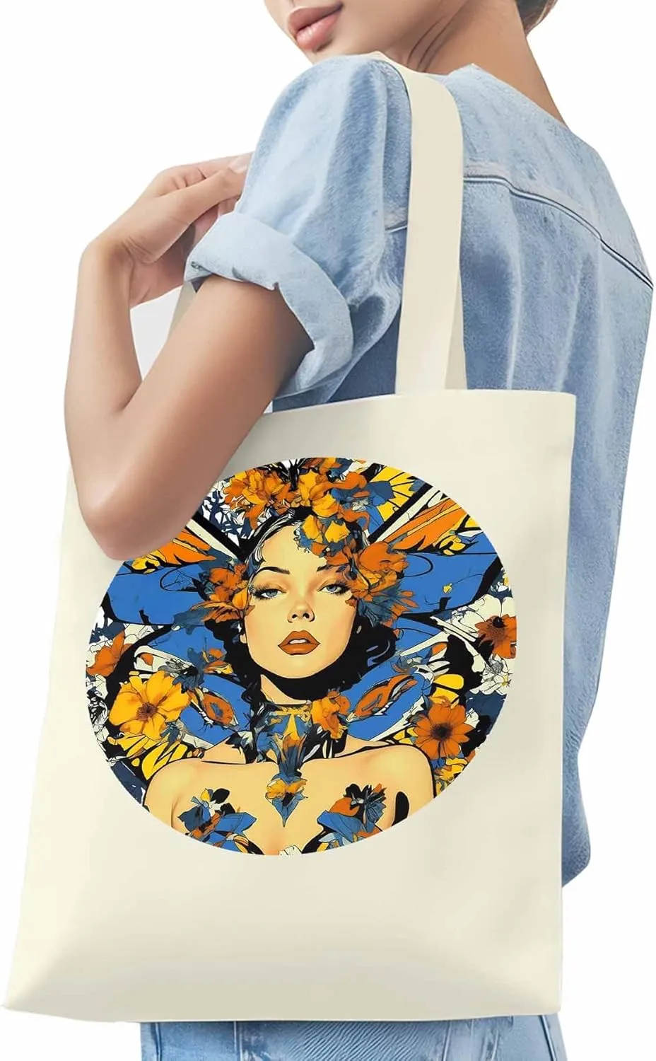 Canvas Tote Bag, Aesthetic Flowers Girl Botanical Floral Aesthetic Canvas Tote Handbags for Women Shoulder Bag