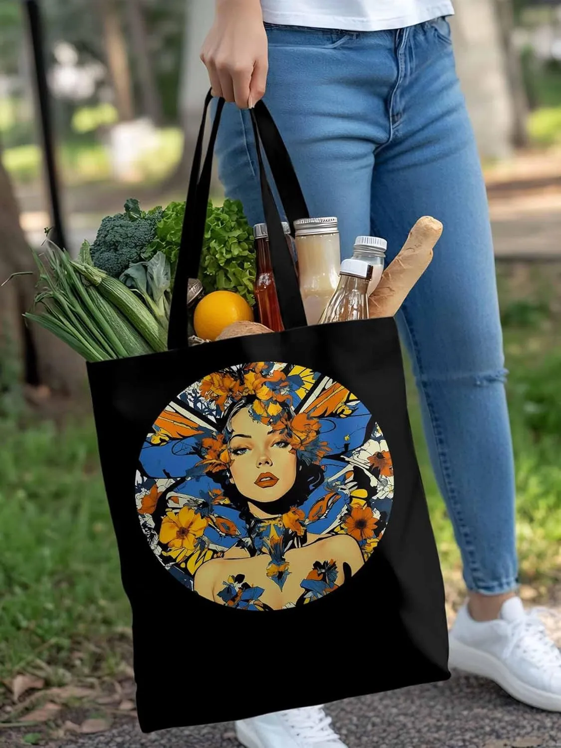 Canvas Tote Bag, Aesthetic Flowers Girl Botanical Floral Aesthetic Canvas Tote Handbags for Women Shoulder Bag