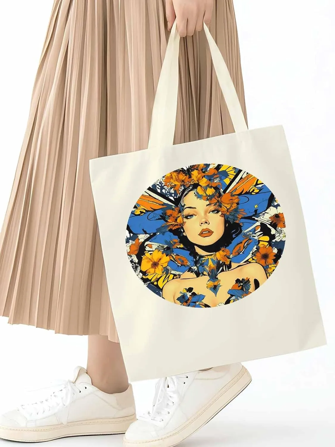 Canvas Tote Bag, Aesthetic Flowers Girl Botanical Floral Aesthetic Canvas Tote Handbags for Women Shoulder Bag