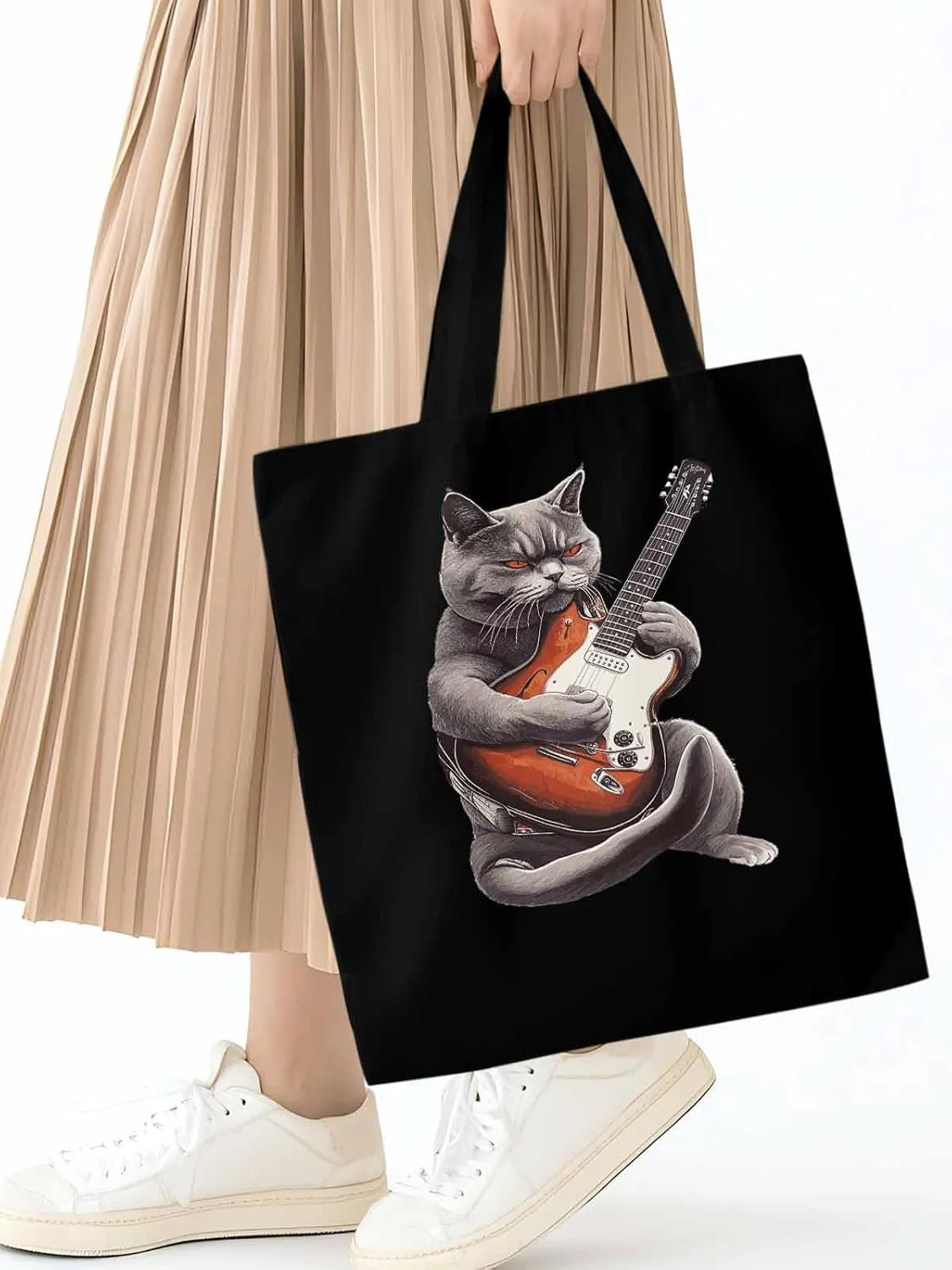 Canvas Tote Bag, Angry Cat Playing Guitar Aesthetic Canvas Tote Handbags for Women Shoulder Bag
