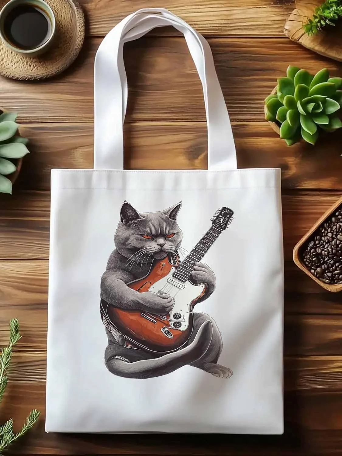 Canvas Tote Bag, Angry Cat Playing Guitar Aesthetic Canvas Tote Handbags for Women Shoulder Bag