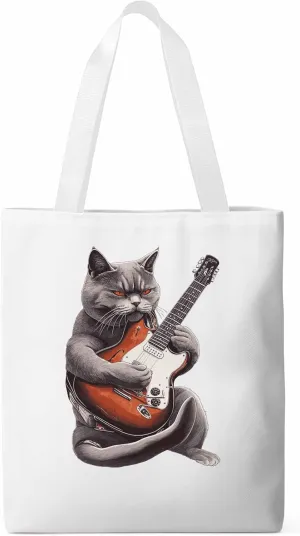 Canvas Tote Bag, Angry Cat Playing Guitar Aesthetic Canvas Tote Handbags for Women Shoulder Bag
