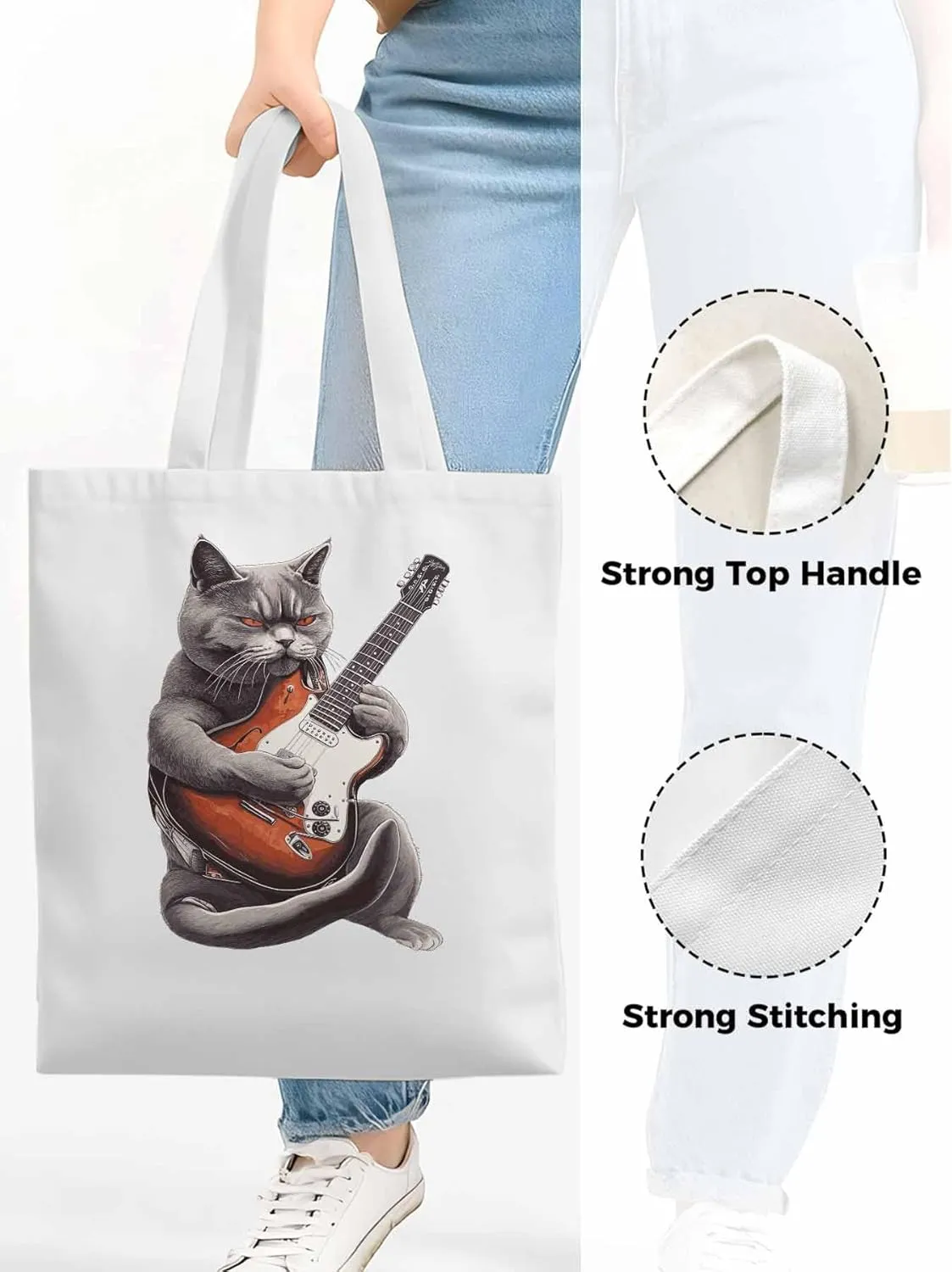Canvas Tote Bag, Angry Cat Playing Guitar Aesthetic Canvas Tote Handbags for Women Shoulder Bag