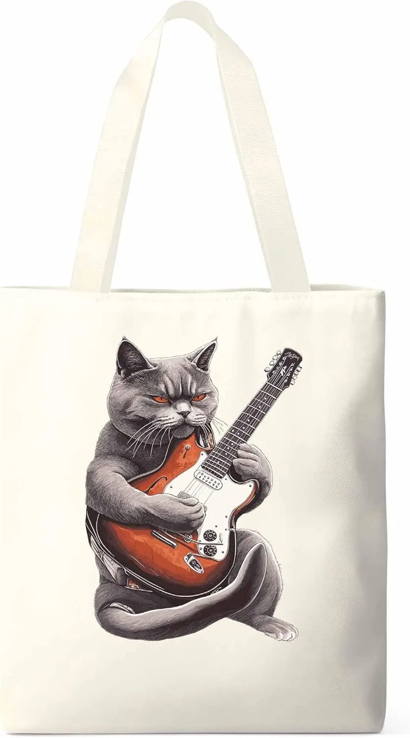 Canvas Tote Bag, Angry Cat Playing Guitar Aesthetic Canvas Tote Handbags for Women Shoulder Bag