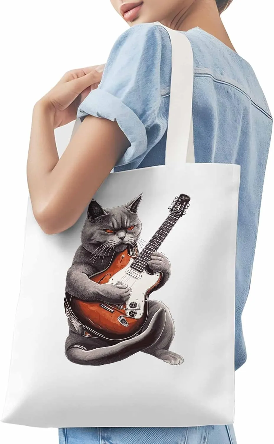 Canvas Tote Bag, Angry Cat Playing Guitar Aesthetic Canvas Tote Handbags for Women Shoulder Bag