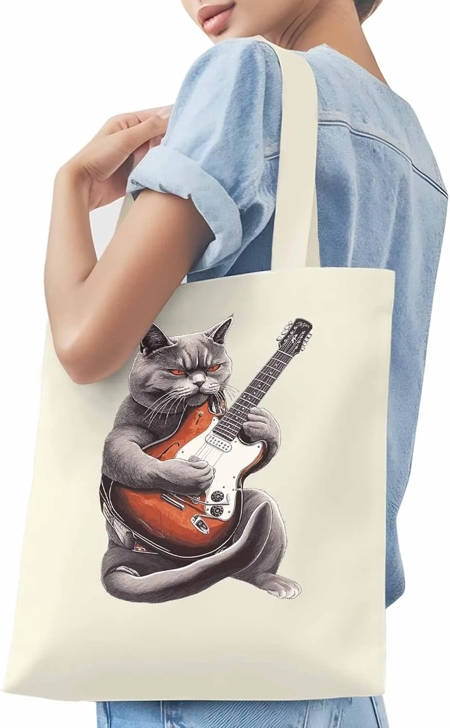 Canvas Tote Bag, Angry Cat Playing Guitar Aesthetic Canvas Tote Handbags for Women Shoulder Bag