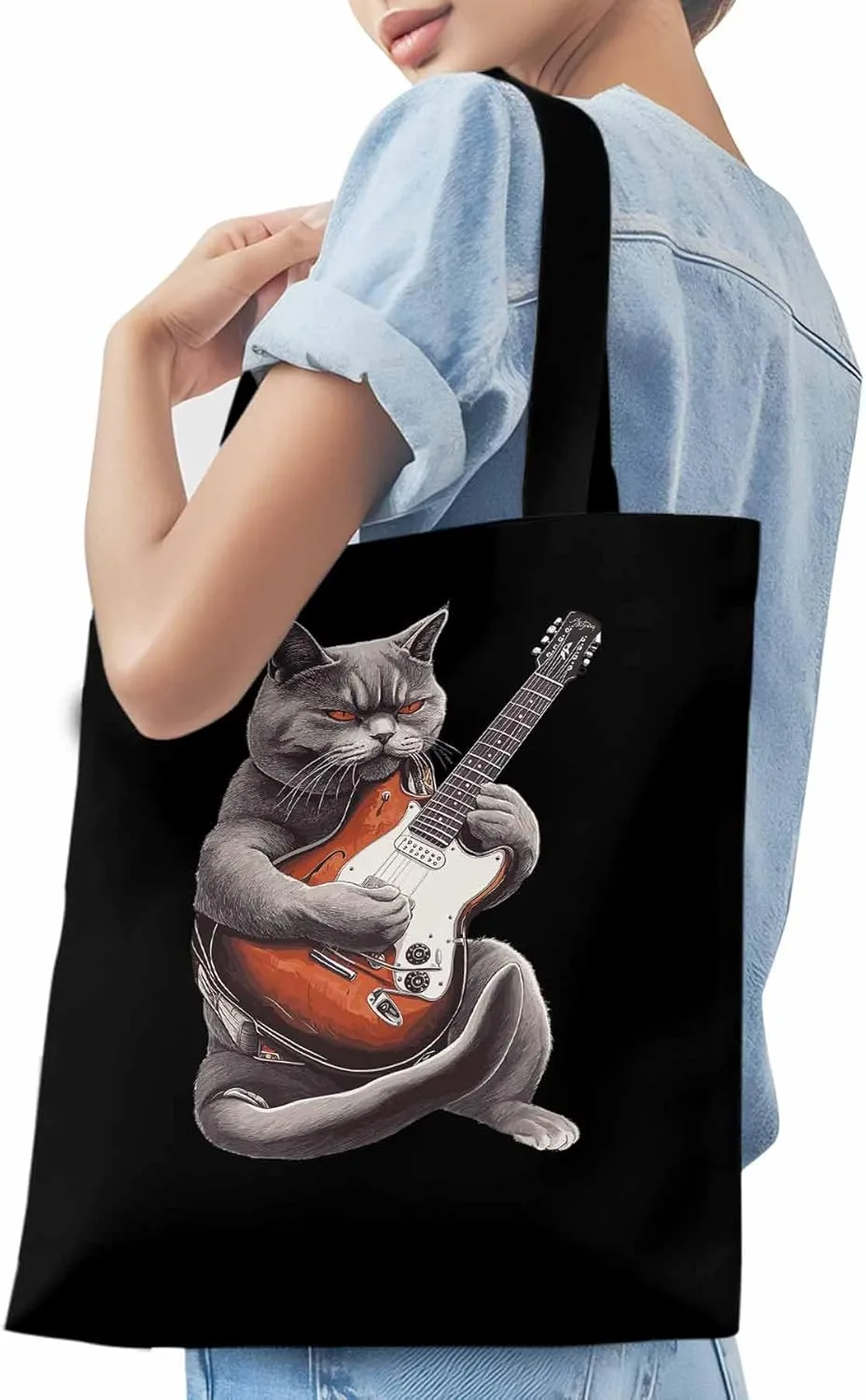 Canvas Tote Bag, Angry Cat Playing Guitar Aesthetic Canvas Tote Handbags for Women Shoulder Bag