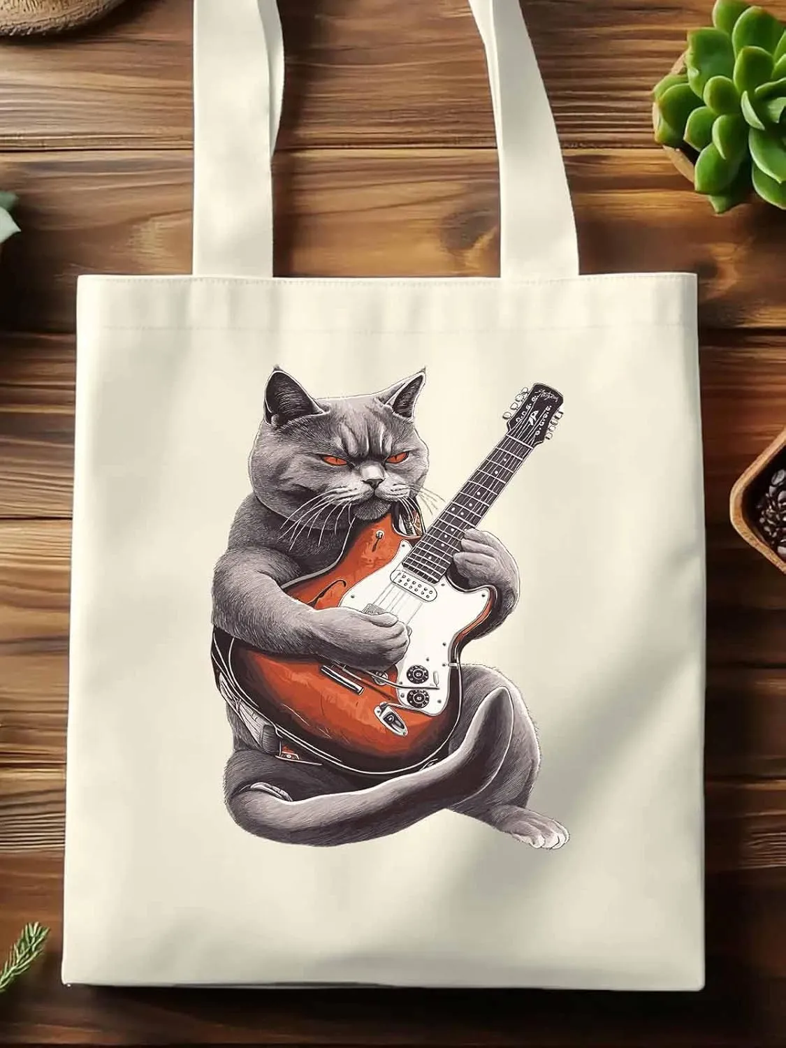 Canvas Tote Bag, Angry Cat Playing Guitar Aesthetic Canvas Tote Handbags for Women Shoulder Bag