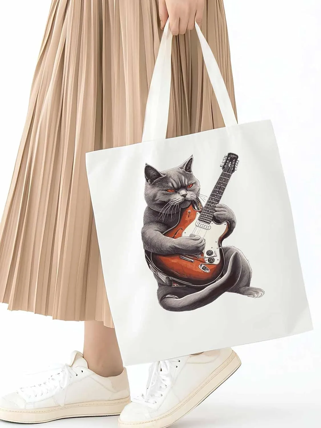 Canvas Tote Bag, Angry Cat Playing Guitar Aesthetic Canvas Tote Handbags for Women Shoulder Bag