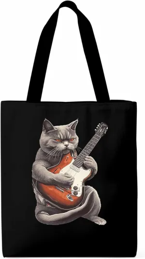 Canvas Tote Bag, Angry Cat Playing Guitar Aesthetic Canvas Tote Handbags for Women Shoulder Bag