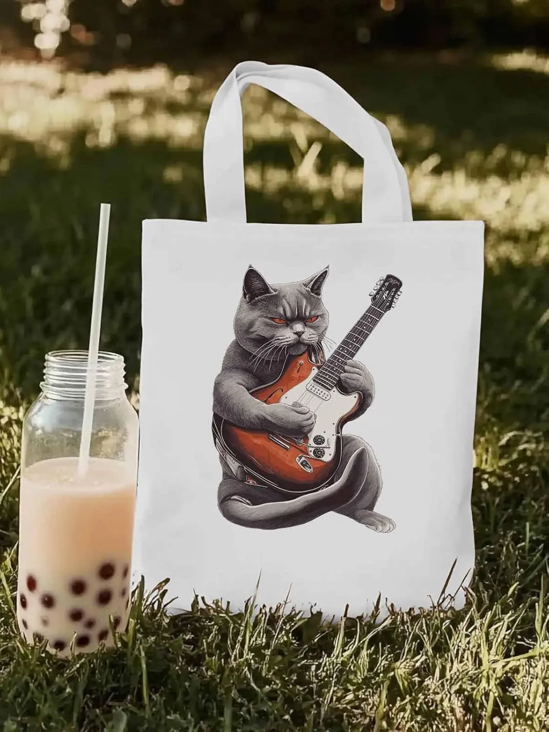 Canvas Tote Bag, Angry Cat Playing Guitar Aesthetic Canvas Tote Handbags for Women Shoulder Bag