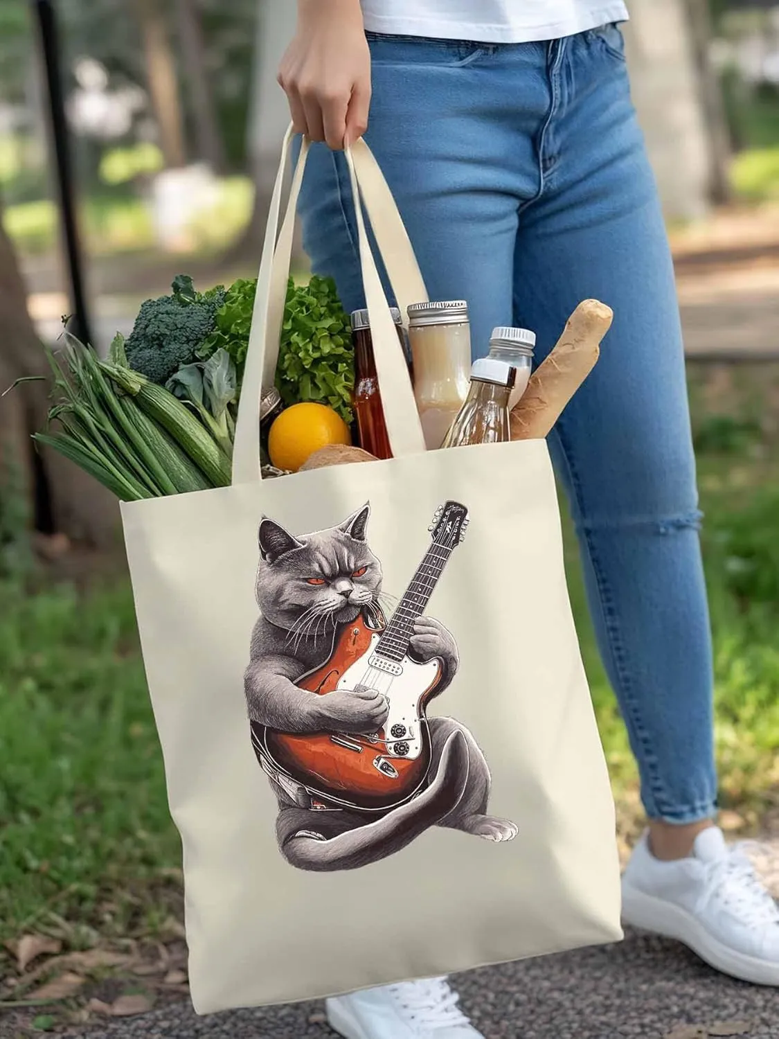 Canvas Tote Bag, Angry Cat Playing Guitar Aesthetic Canvas Tote Handbags for Women Shoulder Bag