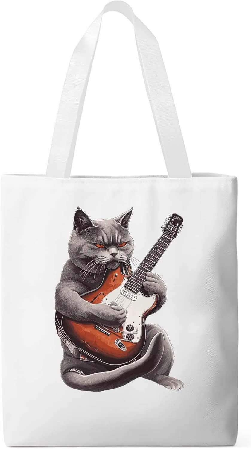 Canvas Tote Bag, Angry Cat Playing Guitar Aesthetic Canvas Tote Handbags for Women Shoulder Bag