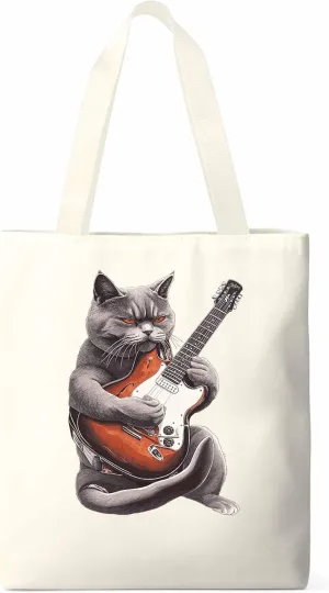 Canvas Tote Bag, Angry Cat Playing Guitar Aesthetic Canvas Tote Handbags for Women Shoulder Bag