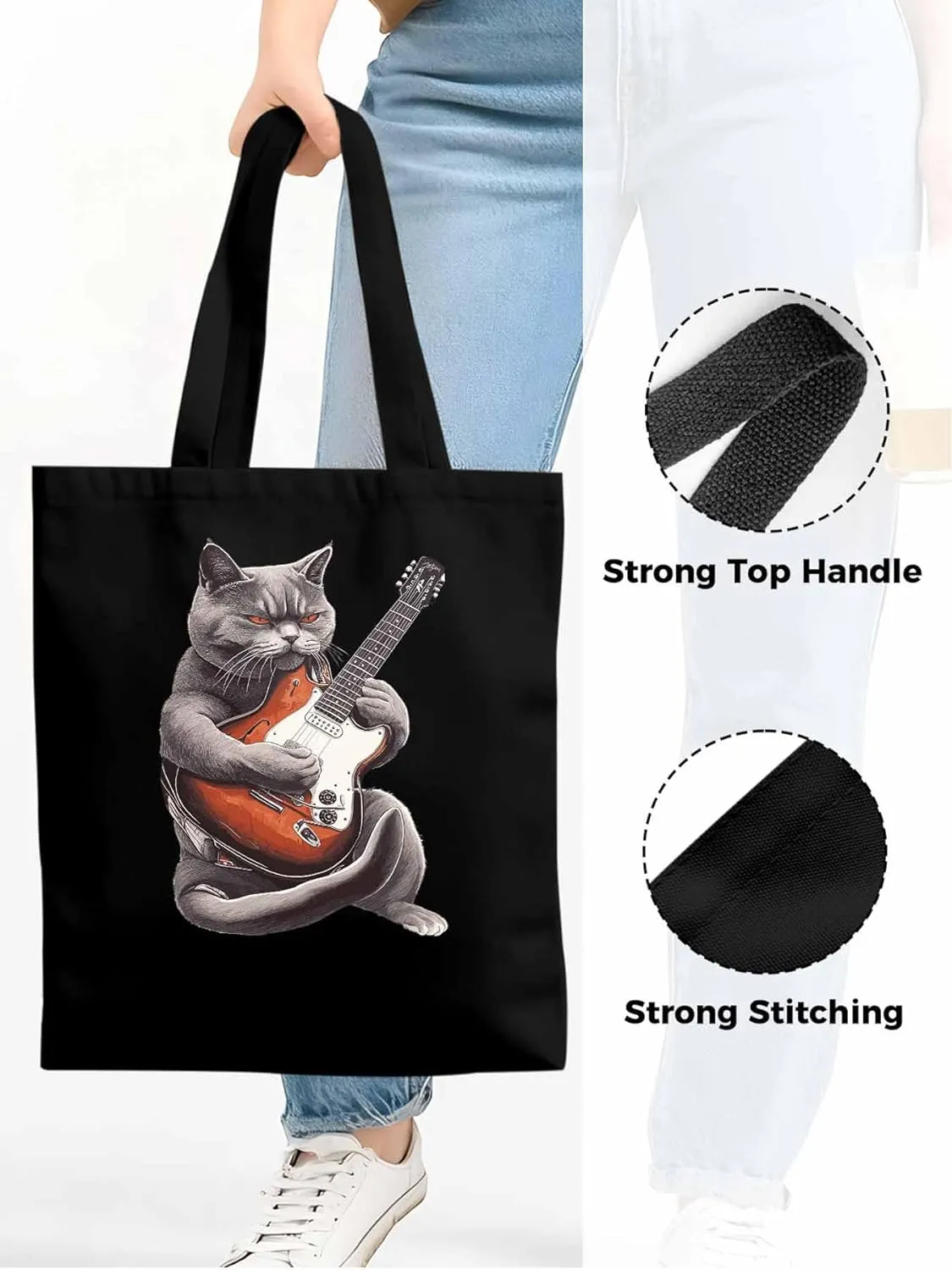 Canvas Tote Bag, Angry Cat Playing Guitar Aesthetic Canvas Tote Handbags for Women Shoulder Bag