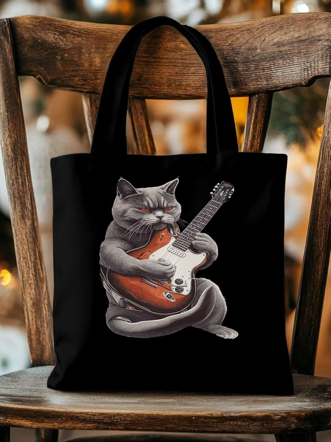 Canvas Tote Bag, Angry Cat Playing Guitar Aesthetic Canvas Tote Handbags for Women Shoulder Bag