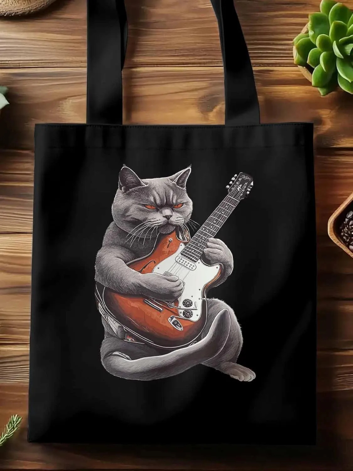 Canvas Tote Bag, Angry Cat Playing Guitar Aesthetic Canvas Tote Handbags for Women Shoulder Bag