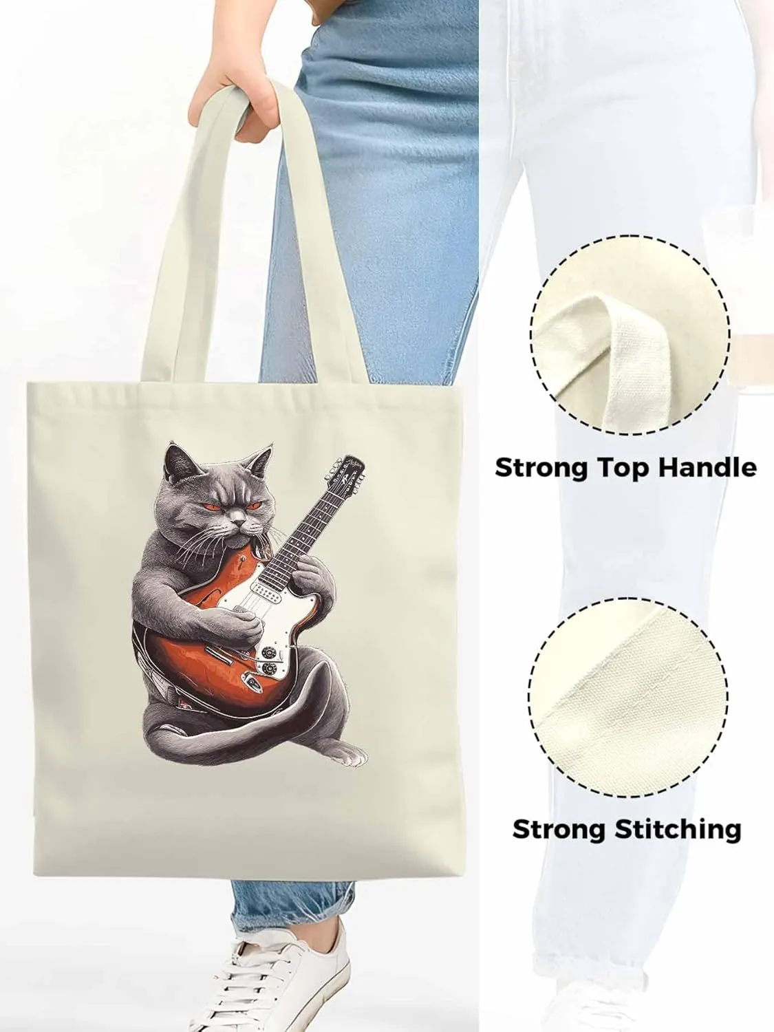 Canvas Tote Bag, Angry Cat Playing Guitar Aesthetic Canvas Tote Handbags for Women Shoulder Bag