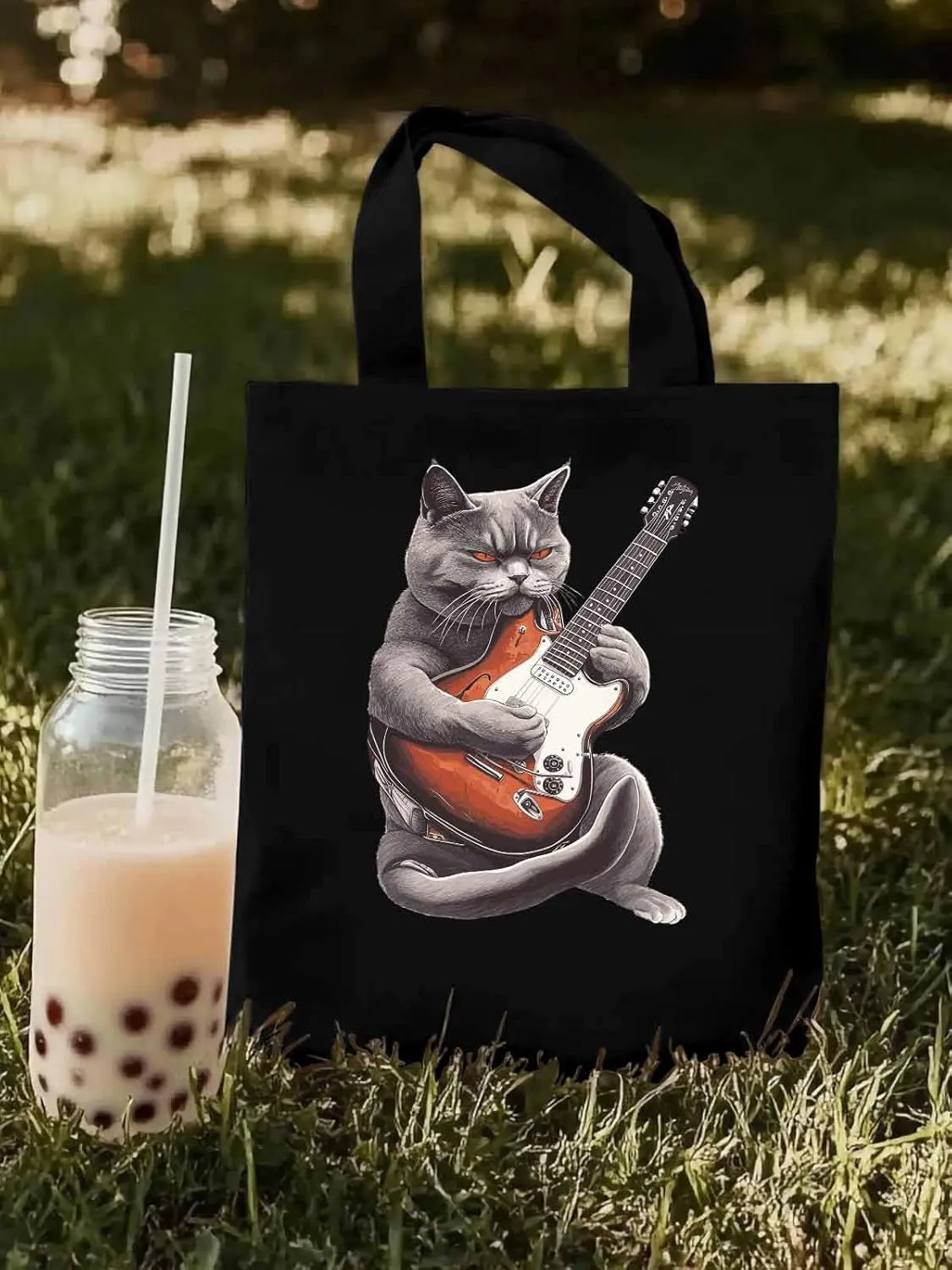 Canvas Tote Bag, Angry Cat Playing Guitar Aesthetic Canvas Tote Handbags for Women Shoulder Bag