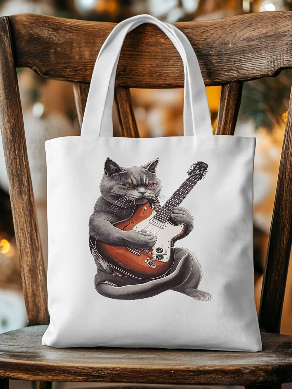 Canvas Tote Bag, Angry Cat Playing Guitar Aesthetic Canvas Tote Handbags for Women Shoulder Bag