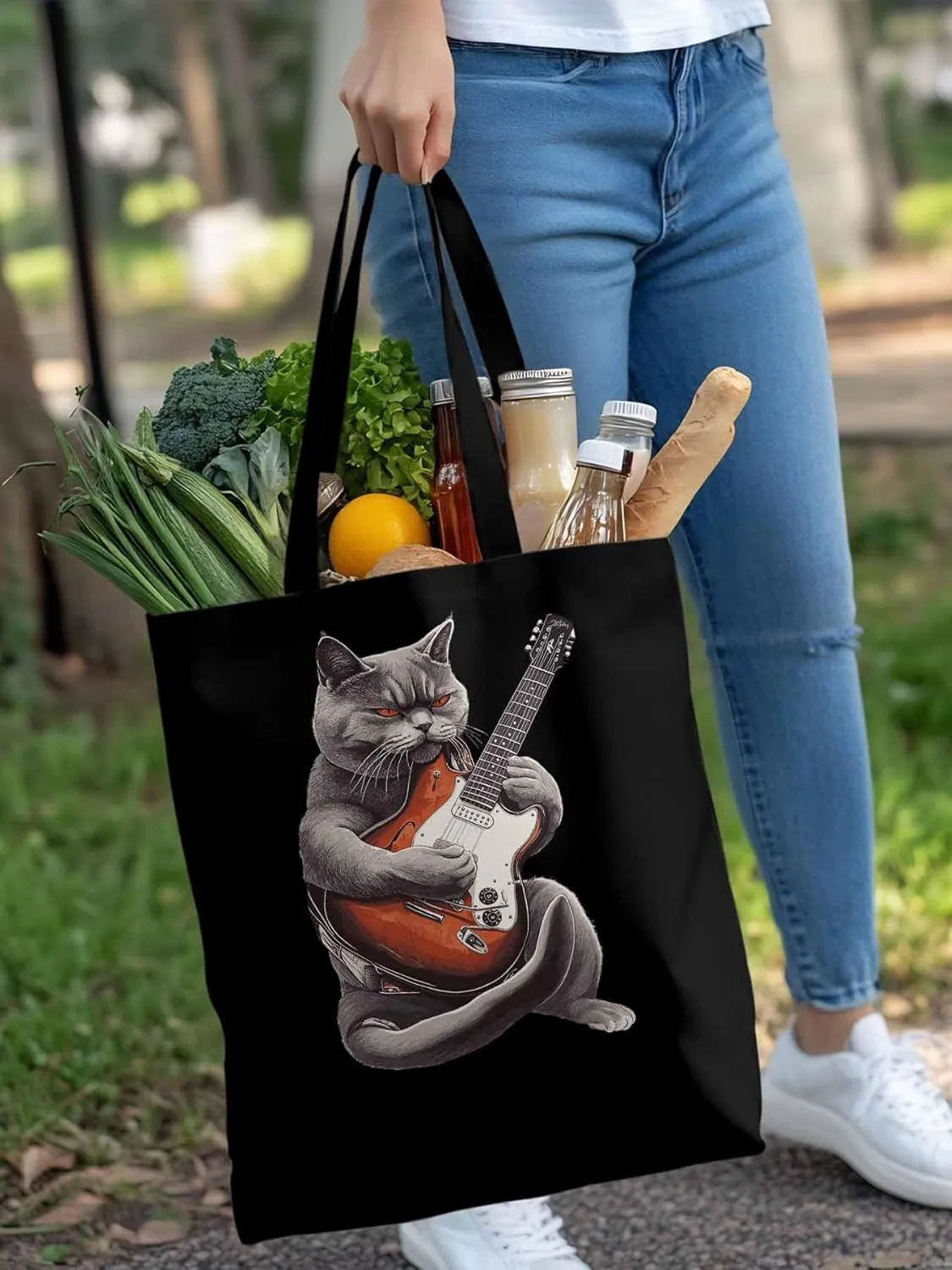 Canvas Tote Bag, Angry Cat Playing Guitar Aesthetic Canvas Tote Handbags for Women Shoulder Bag