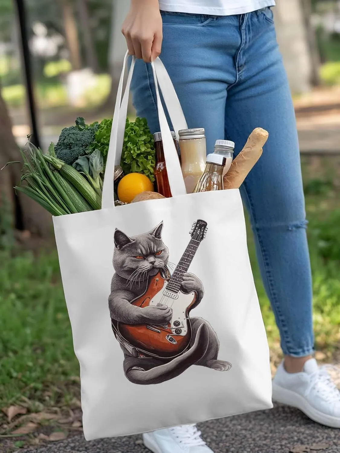 Canvas Tote Bag, Angry Cat Playing Guitar Aesthetic Canvas Tote Handbags for Women Shoulder Bag