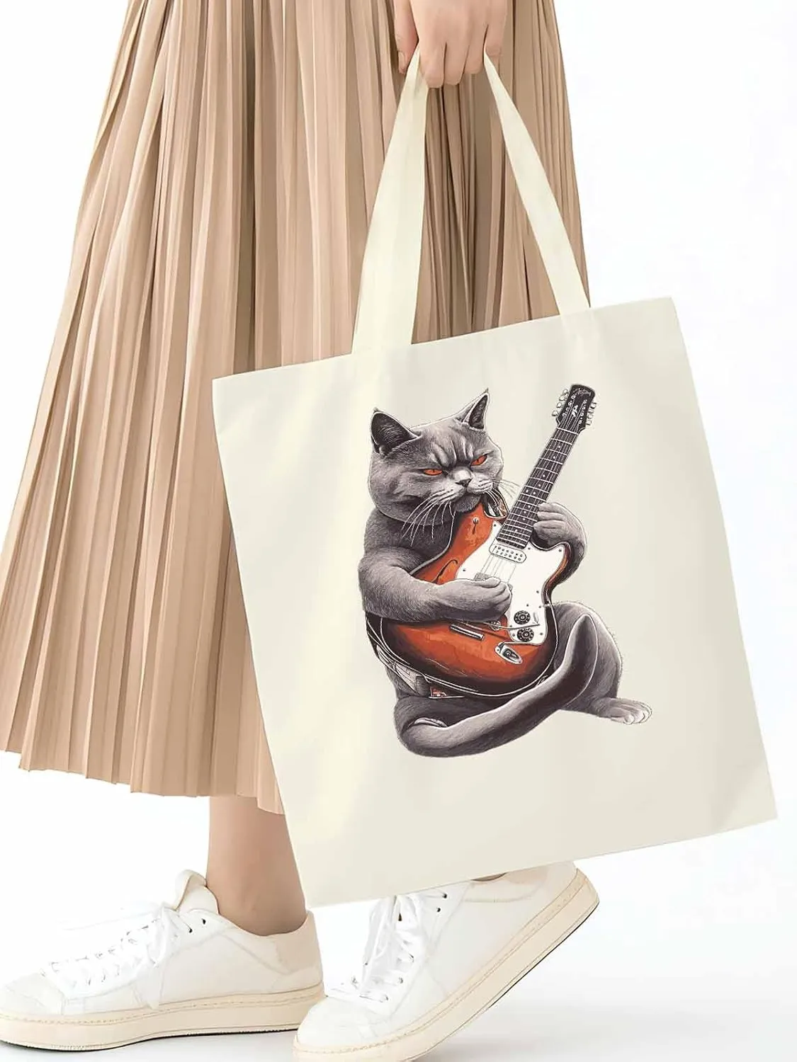 Canvas Tote Bag, Angry Cat Playing Guitar Aesthetic Canvas Tote Handbags for Women Shoulder Bag